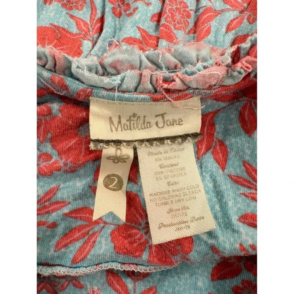 Matilda Jane Girls Coral Blue Floral Ruffle Dress Size 2 Sleeveless Knit Smocked